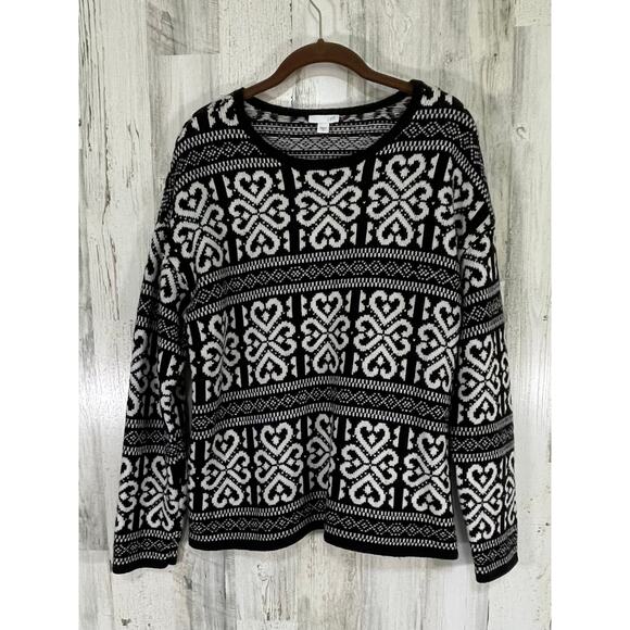 J Jill Womens Sweater Size Medium Black White Heart Stripe Fair Isle Wool Blend - Picture 1 of 9